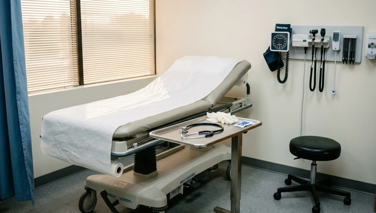 Private emergency examination suite prepared for acute abdominal and hernia evaluation at Bellaire ER