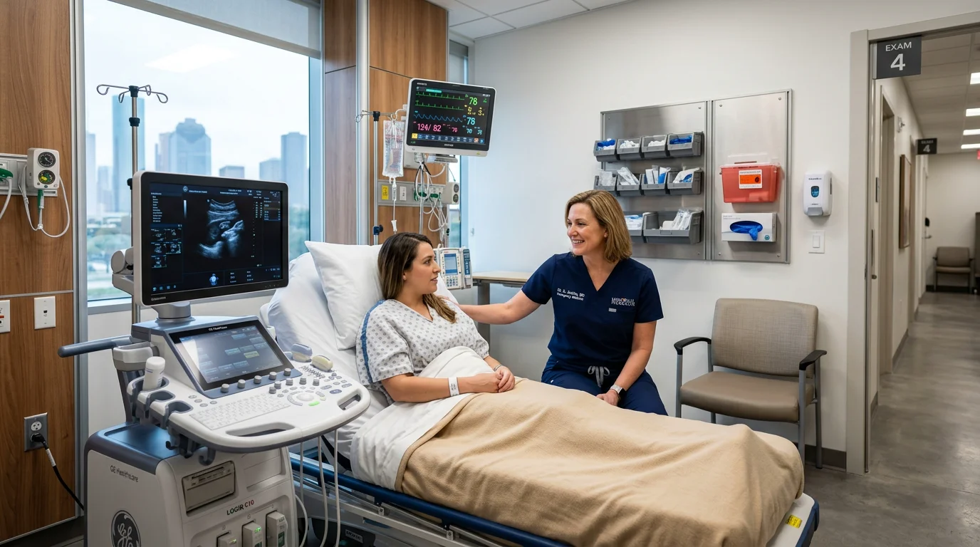 Board-certified emergency physician reviewing abdominal diagnostic ultrasound images with a patient in a modern emergency room suite