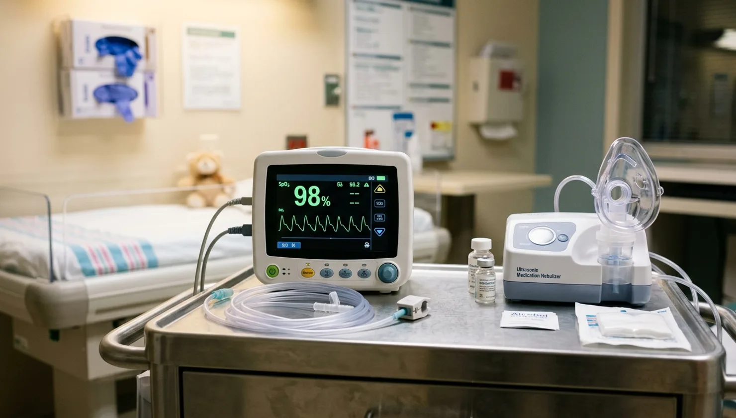 Pediatric oxygen pulse oximeter monitor and ultrasonic medication nebulizer setup at Bellaire ER