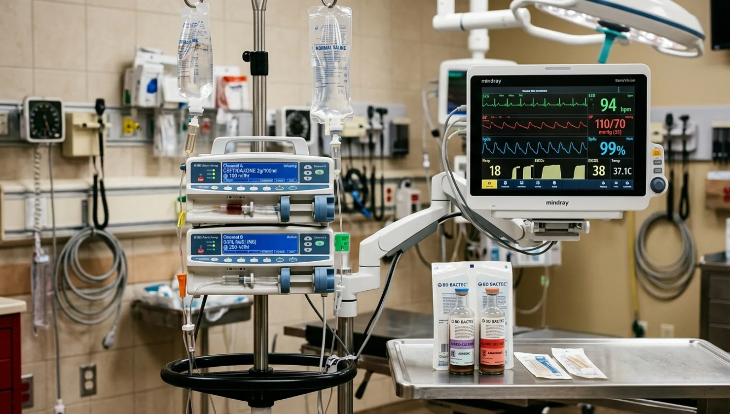 Multi-parameter vitals monitor and dual-channel IV antibiotic infusion setup for rapid sepsis resuscitation at Bellaire ER